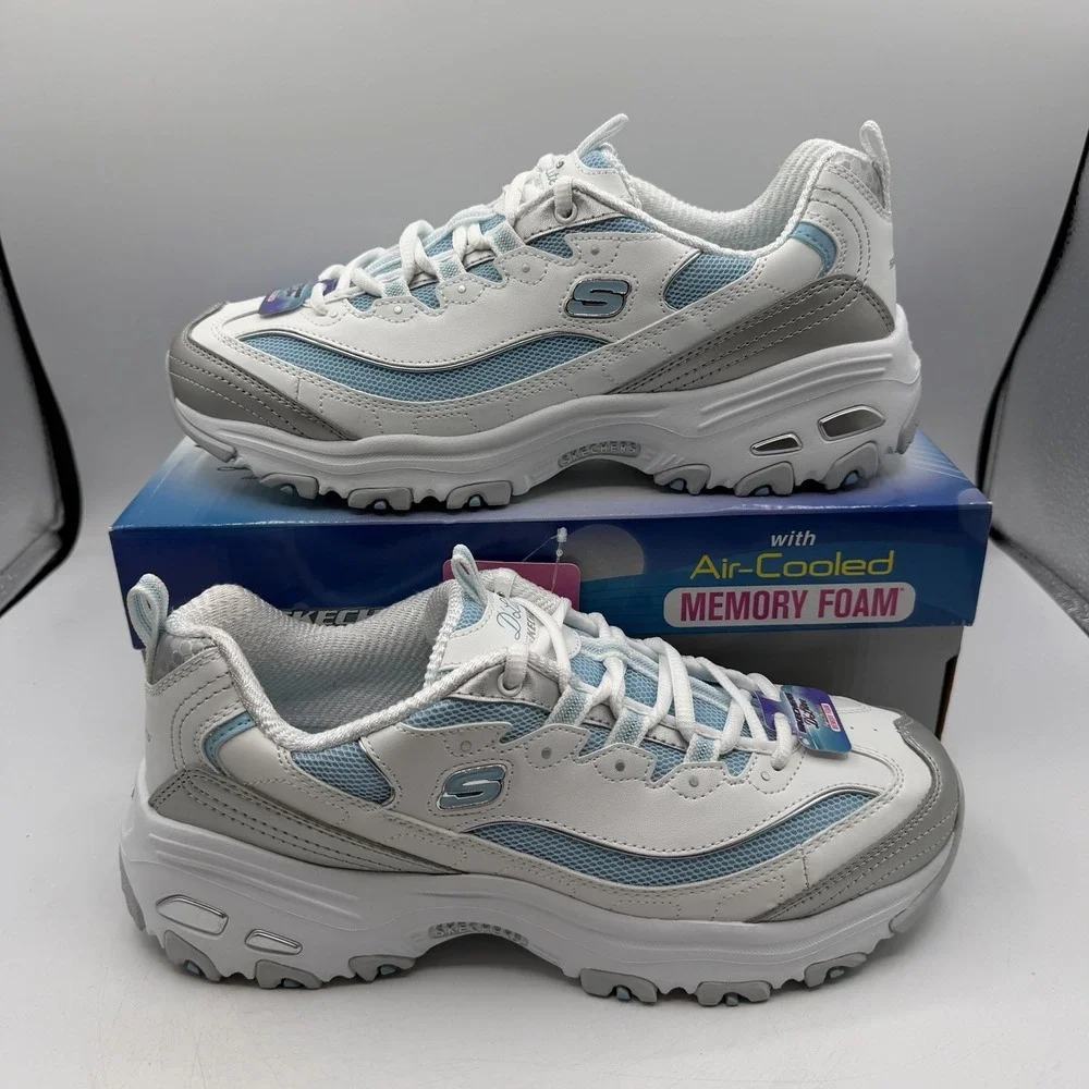 Skechers D'Lites Chromatic Shoes Womens Sz‎ 9.5 White/Silver/Light Blue Sneakers